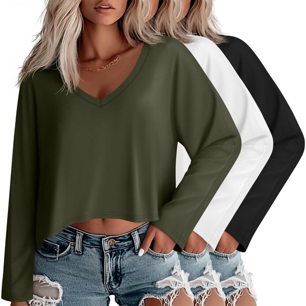 Women's Cropped Long Sleeve Top Set V Neck Irregular Hem Casual Fall